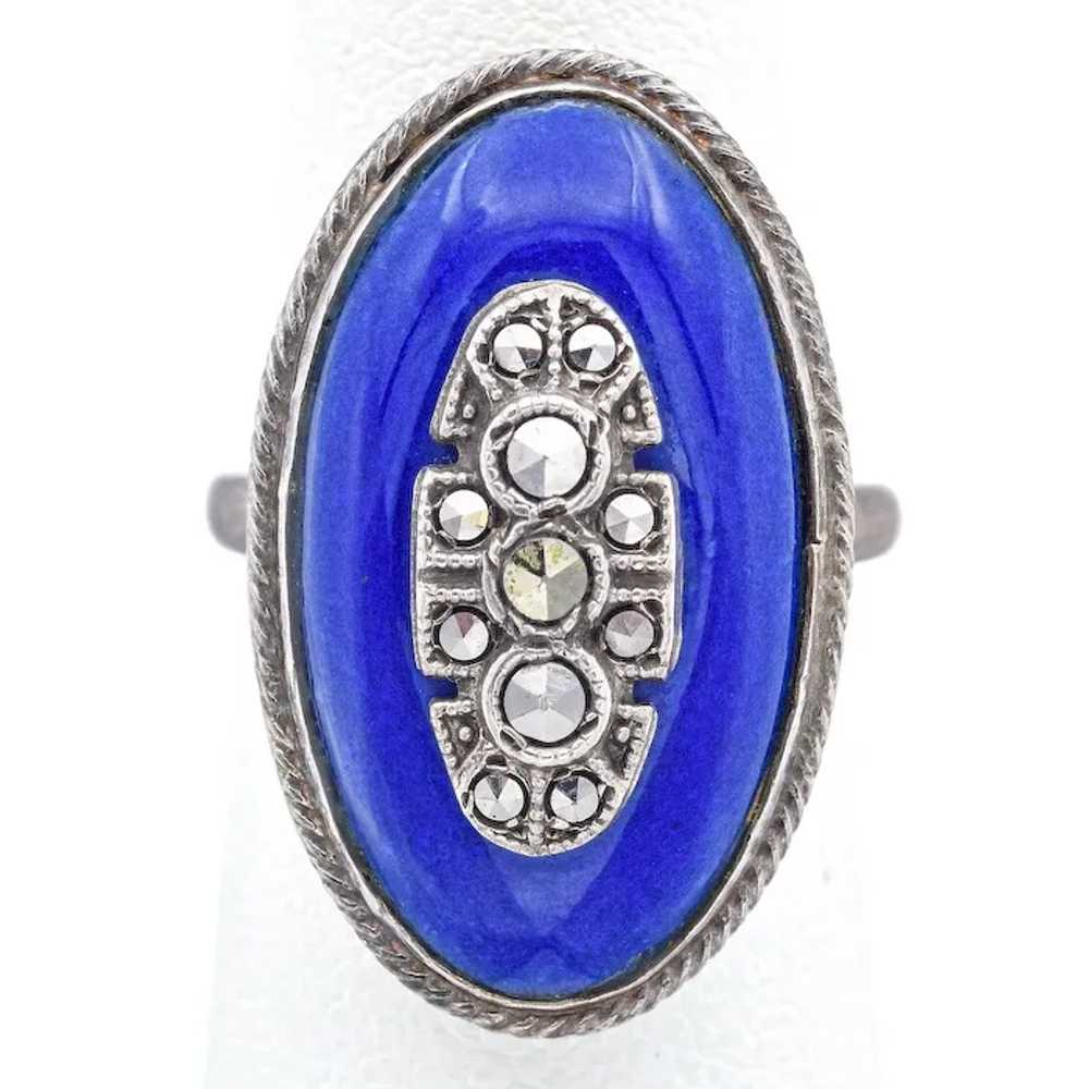 Antique Edwardian Blue Enamel Sterling Silver Mar… - image 2