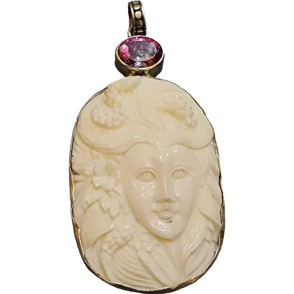 Vintage Carved Stone Face & 925 Sterling Pendant … - image 1