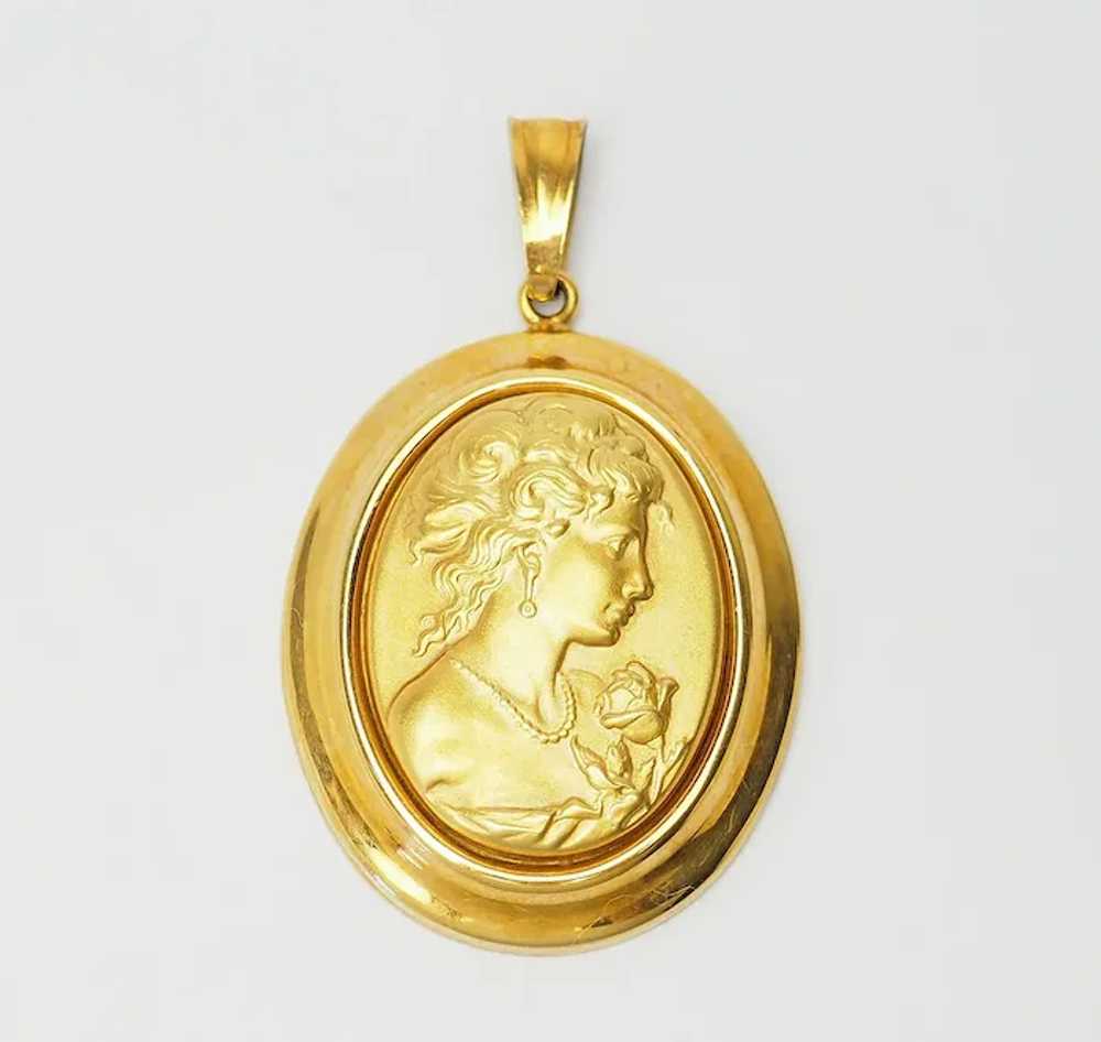Vintage 18k yellow gold woman profile with rose o… - image 2