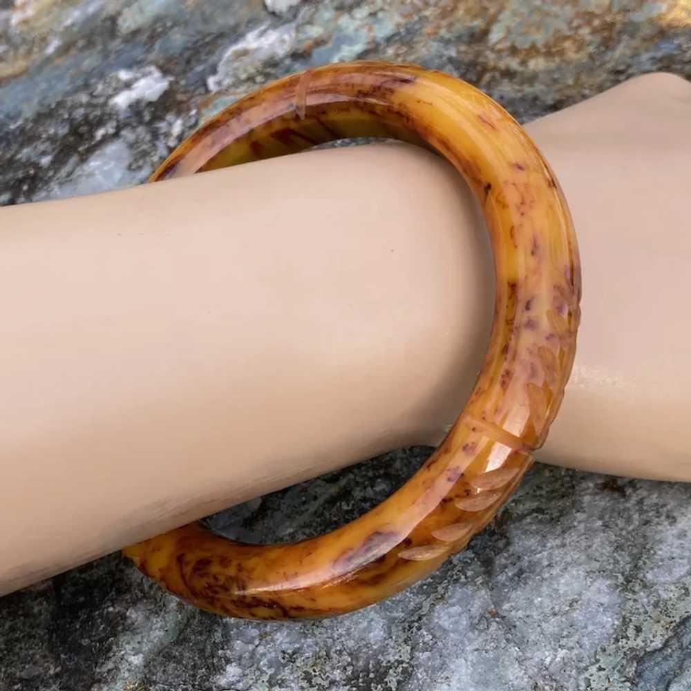 Carved Mottled Butterscotch Bakelite Bangle Brace… - image 3