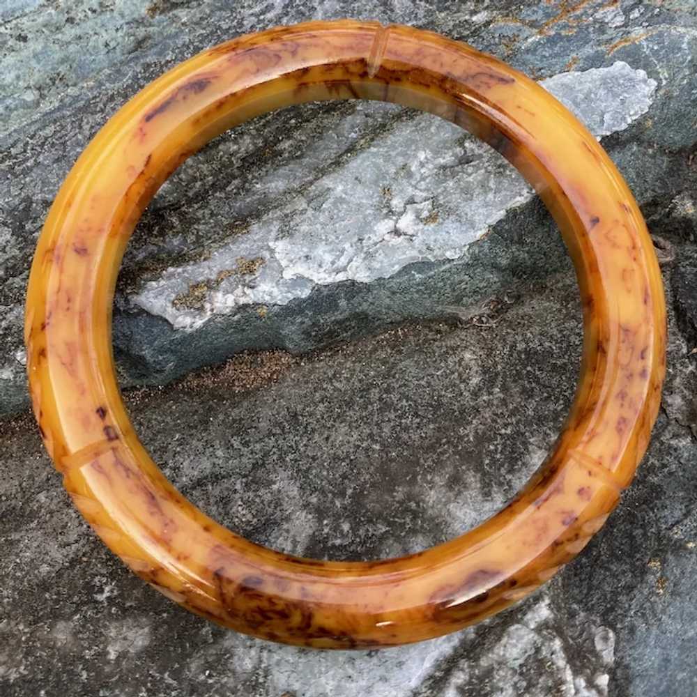 Carved Mottled Butterscotch Bakelite Bangle Brace… - image 4