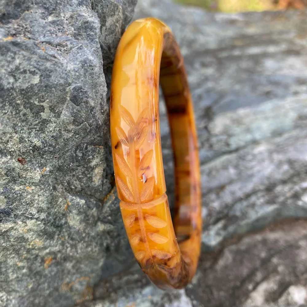 Carved Mottled Butterscotch Bakelite Bangle Brace… - image 6