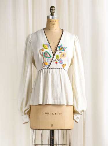 1970's Colorful Hand Embroidered Cotton Blouse