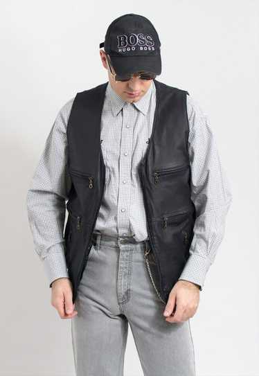 Vintage black leather vest sleeveless jacket men - image 1