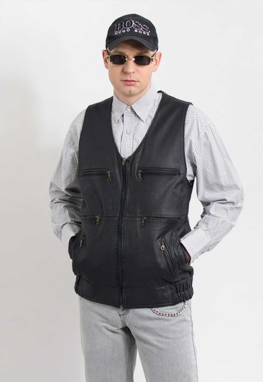 Vintage black leather vest sleeveless jacket men - image 2