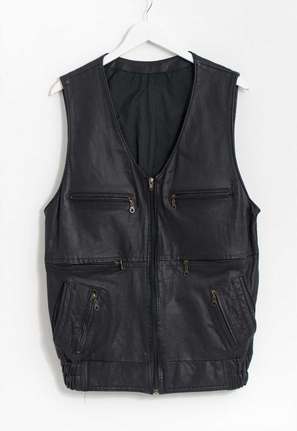Vintage black leather vest sleeveless jacket men - image 5