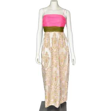 1960s Pink & Green Satin Brocade Two Piece Sleeve… - image 1