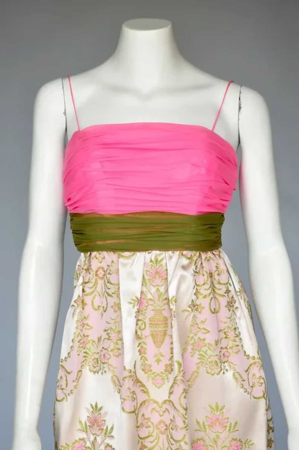 1960s Pink & Green Satin Brocade Two Piece Sleeve… - image 3