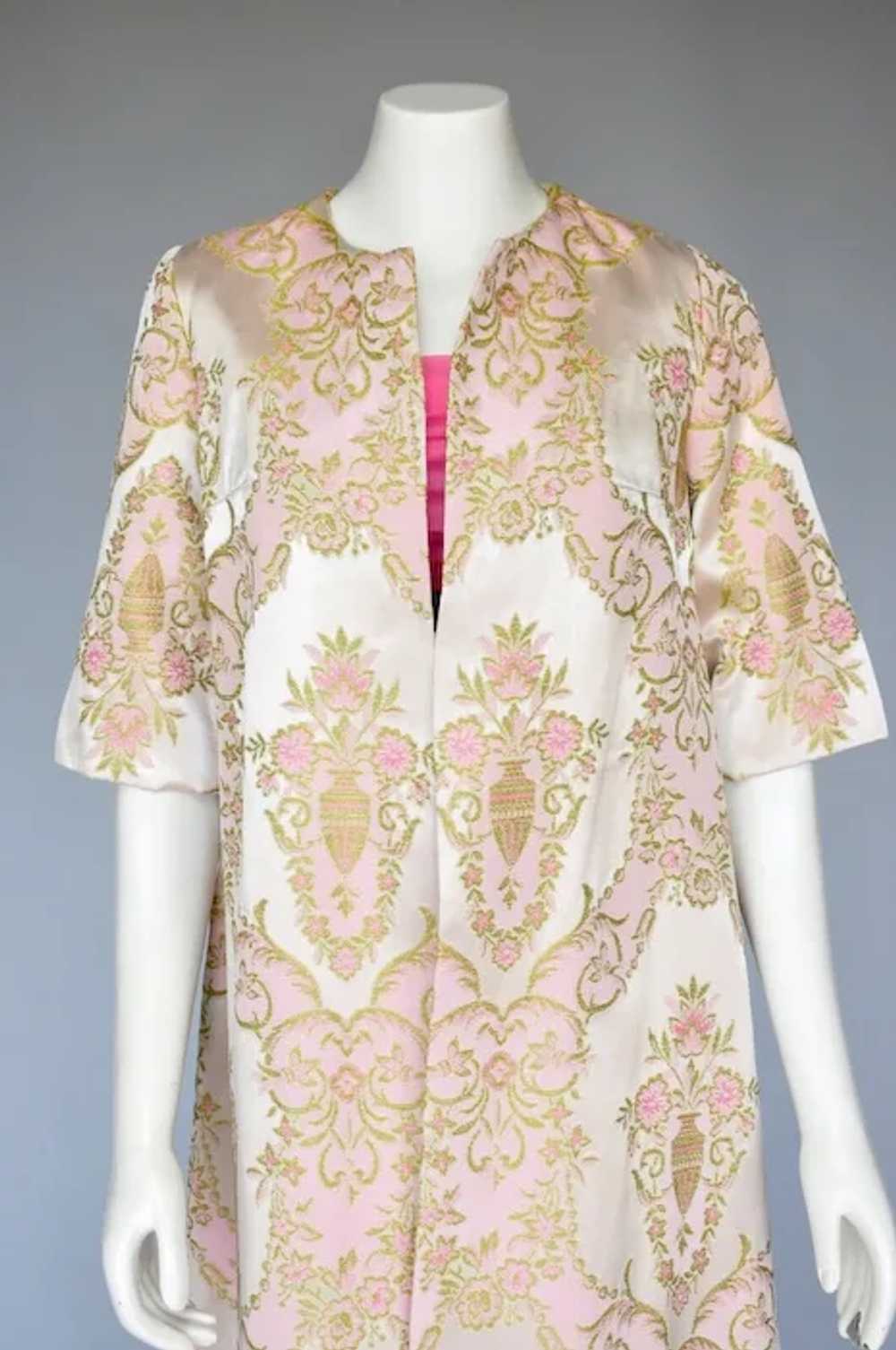 1960s Pink & Green Satin Brocade Two Piece Sleeve… - image 5