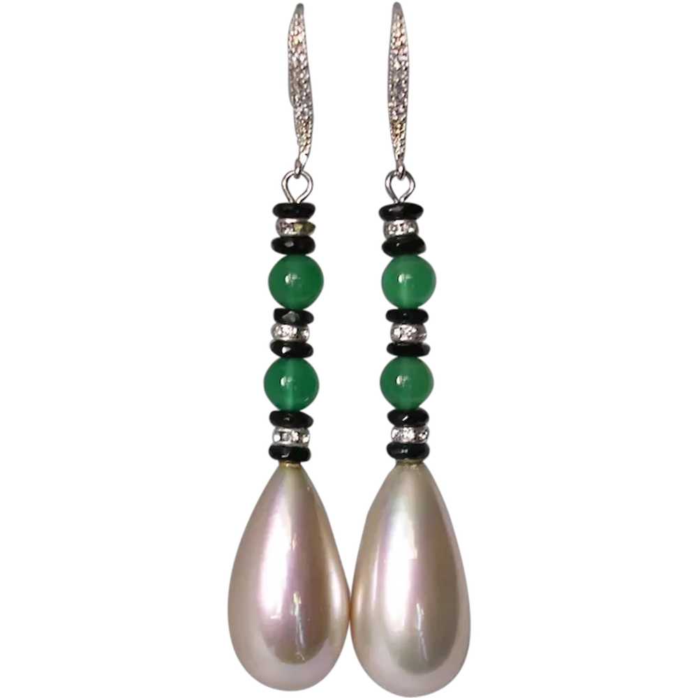 Imitation Pearl and Green Onyx Earrings with Ster… - image 1