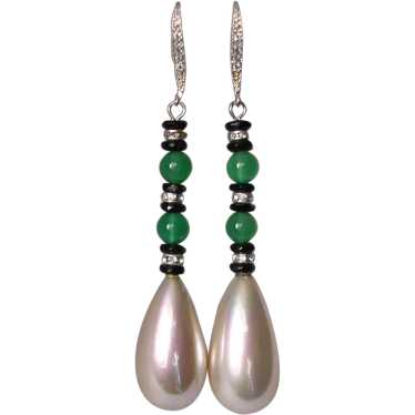 Imitation Pearl and Green Onyx Earrings with Ster… - image 1