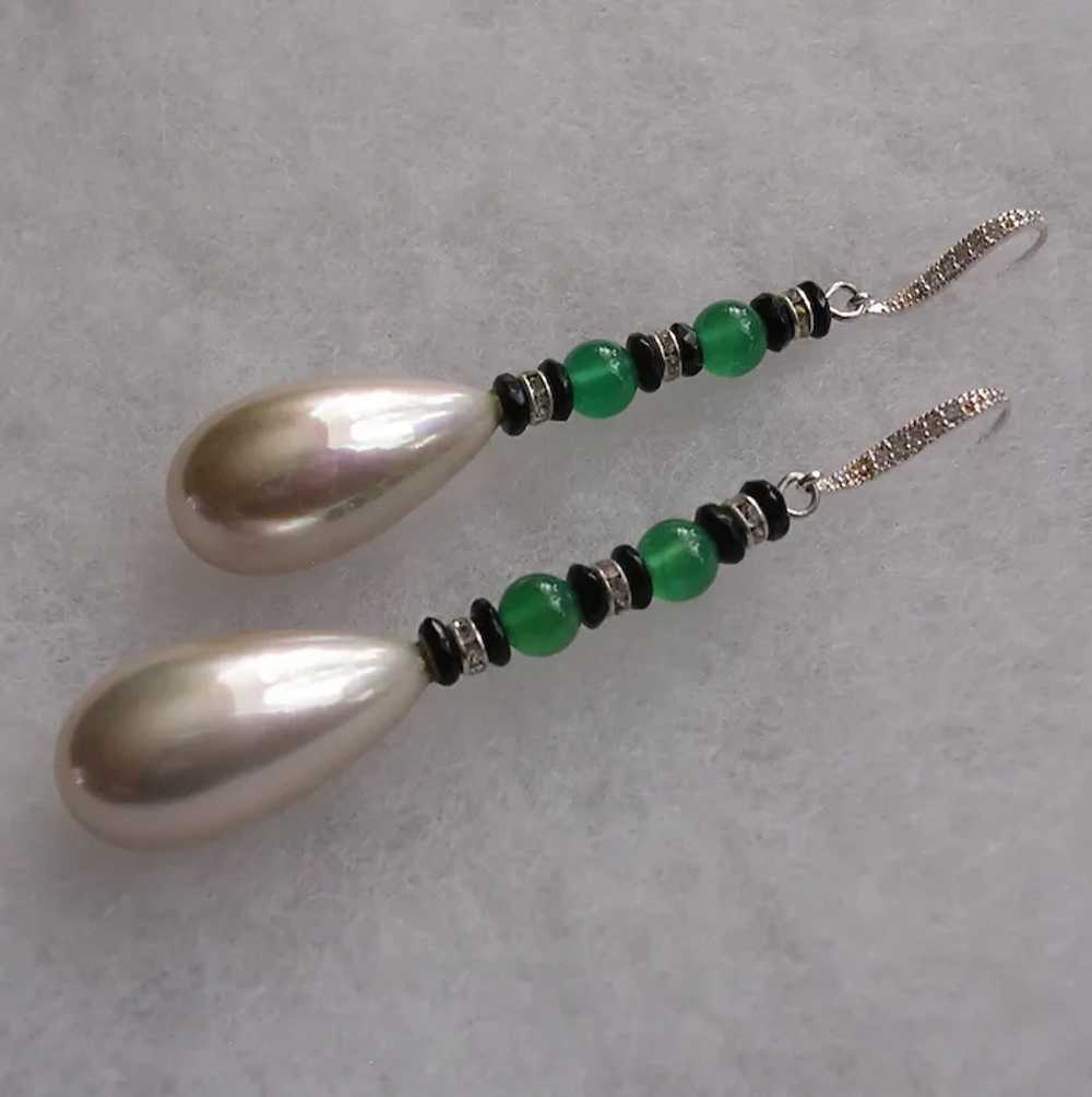 Imitation Pearl and Green Onyx Earrings with Ster… - image 2