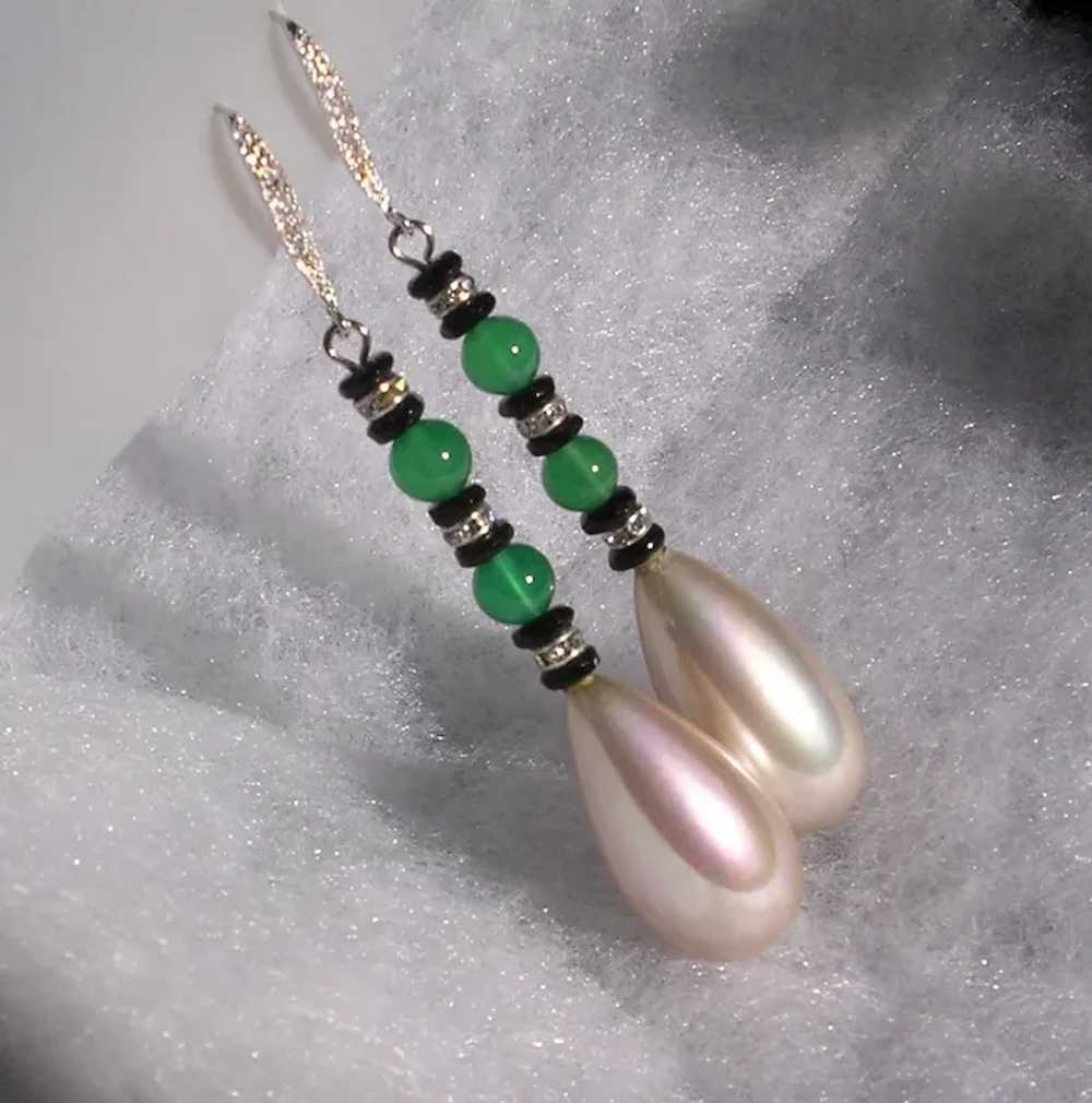 Imitation Pearl and Green Onyx Earrings with Ster… - image 3