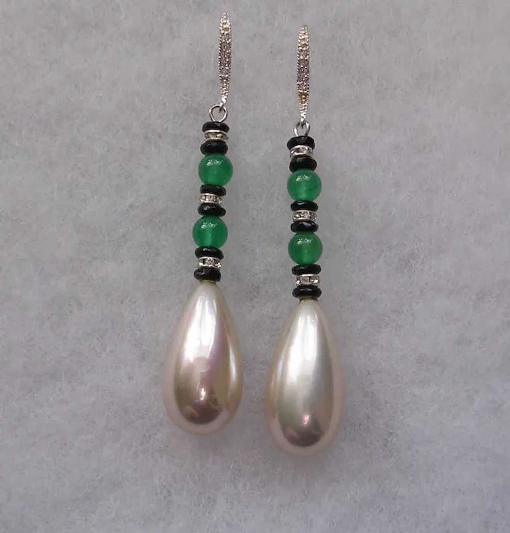 Imitation Pearl and Green Onyx Earrings with Ster… - image 4