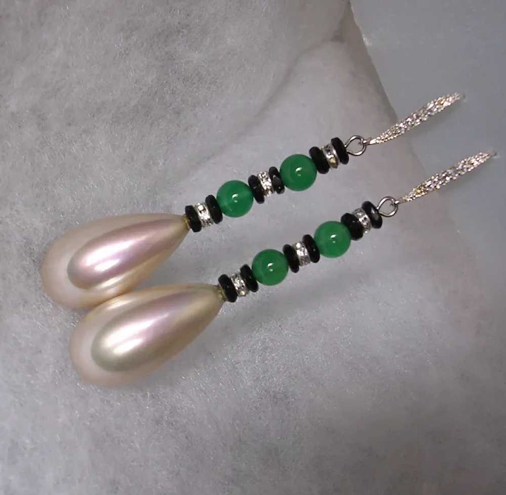 Imitation Pearl and Green Onyx Earrings with Ster… - image 5