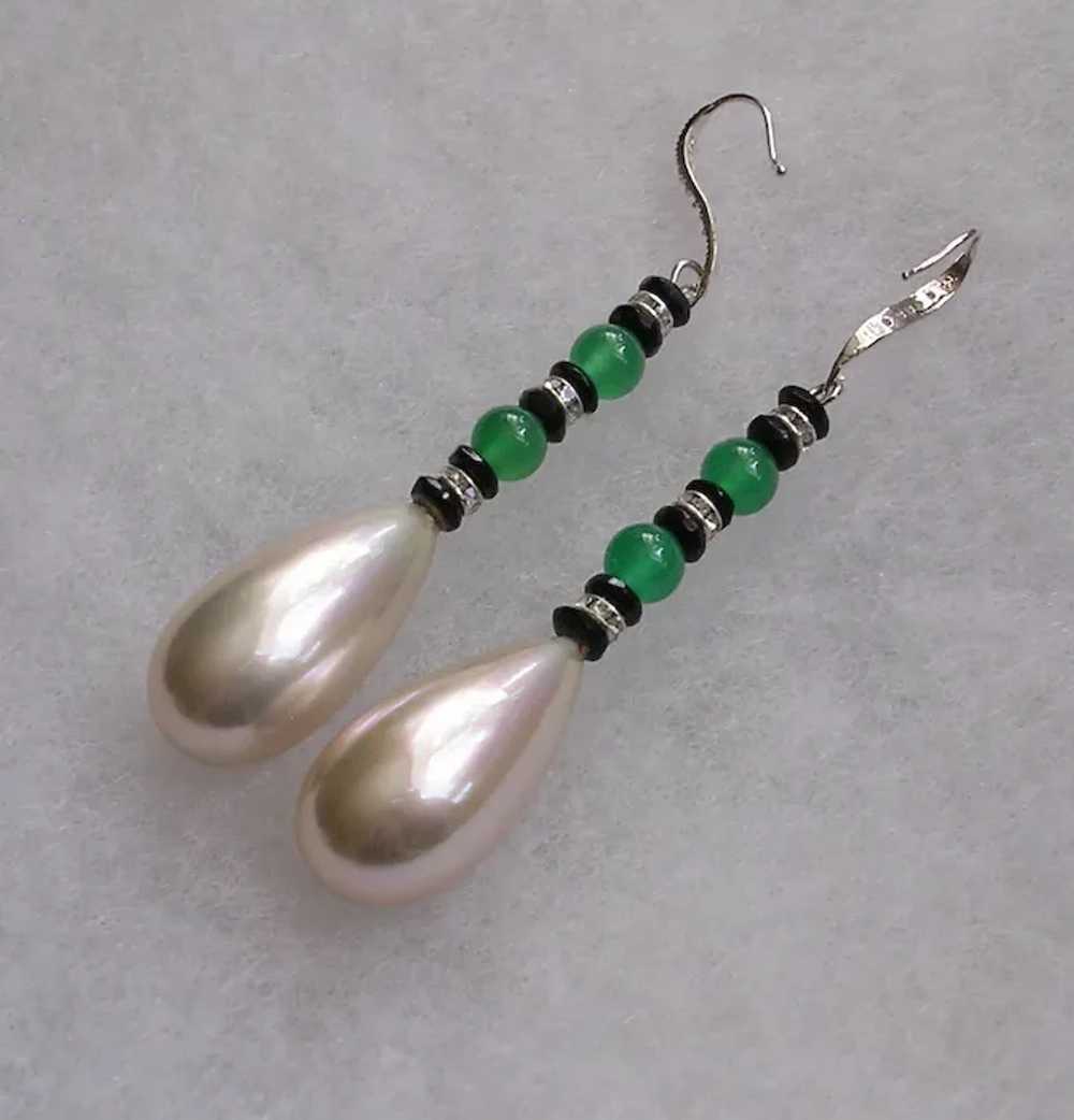 Imitation Pearl and Green Onyx Earrings with Ster… - image 6