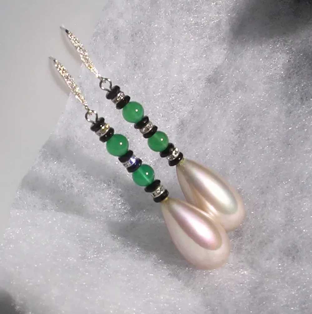 Imitation Pearl and Green Onyx Earrings with Ster… - image 7