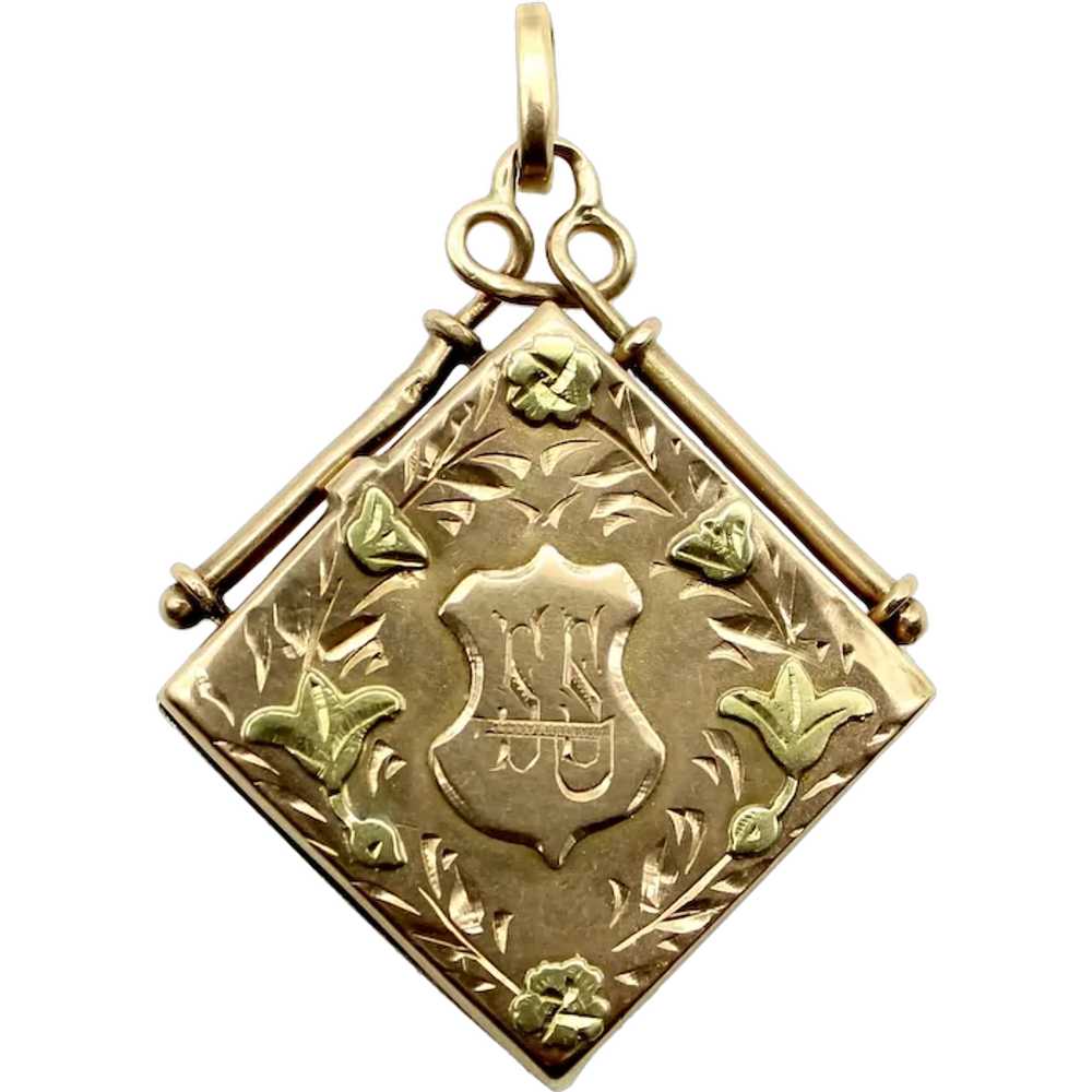 14K Gold Victorian Hand Engraved Square Fob Locket - image 1