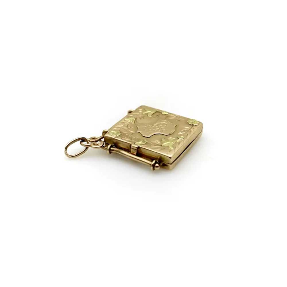 14K Gold Victorian Hand Engraved Square Fob Locket - image 4