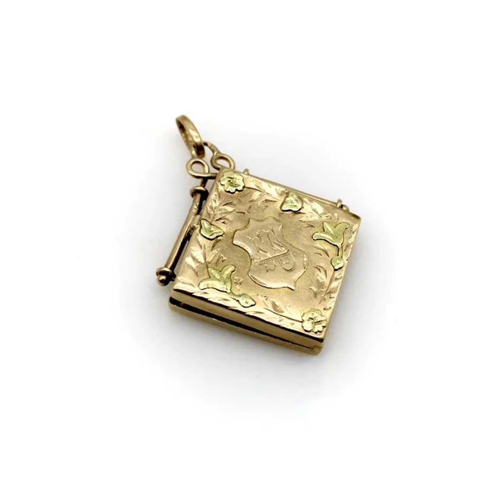 14K Gold Victorian Hand Engraved Square Fob Locket - image 6