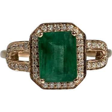 14K Rose Gold Emerald Cut Emerald Diamond Ring