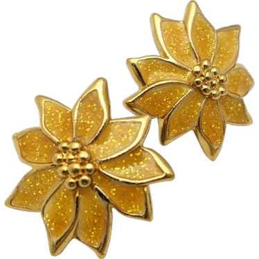 Glittery Gold Poinsettia Christmas Stud Earrings - image 1