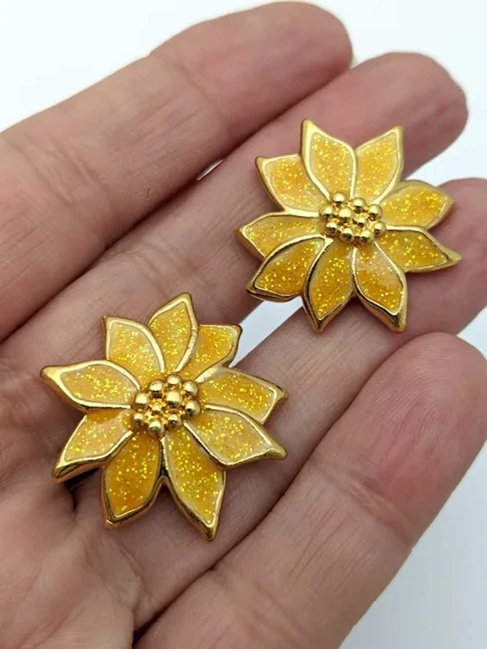 Glittery Gold Poinsettia Christmas Stud Earrings - image 2