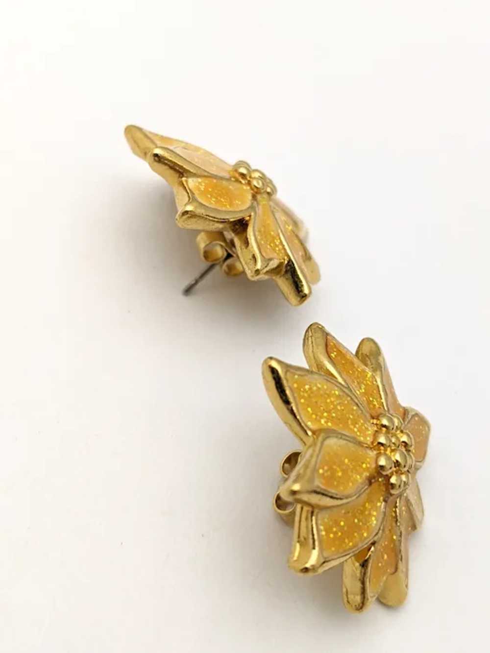 Glittery Gold Poinsettia Christmas Stud Earrings - image 5