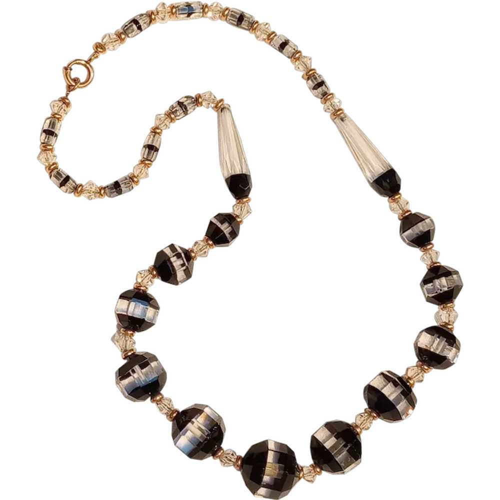 Simmons Art Deco glass crystal bead necklace gold… - image 1