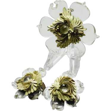 Vintage Rare Glass Flower Brooch & Earrings Set (… - image 1