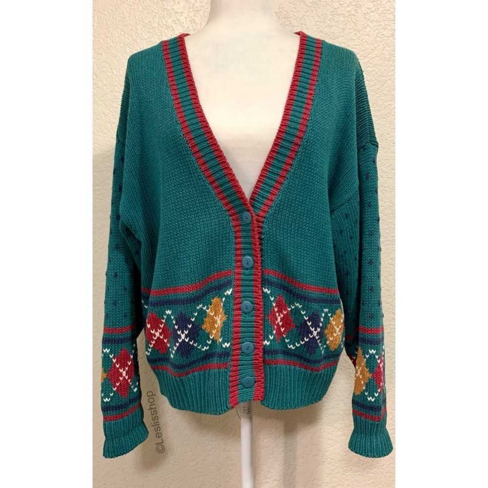 62 East Vintage 80s Teal Retro Knit Sweater Cardi… - image 1