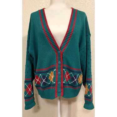 62 East Vintage 80s Teal Retro Knit Sweater Cardi… - image 1