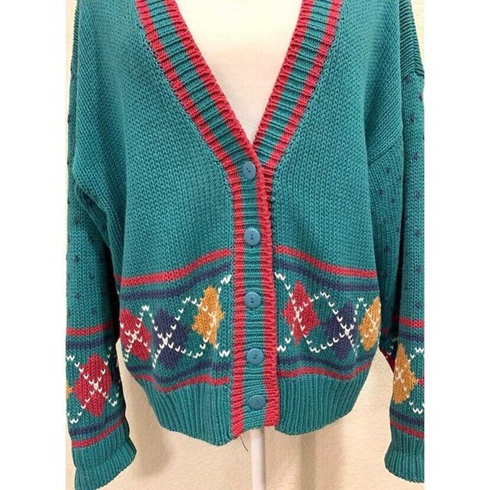 62 East Vintage 80s Teal Retro Knit Sweater Cardi… - image 2