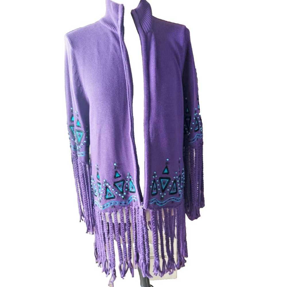 BOB MACKIE Wearable Art Sweater Zip Up Purple Fri… - image 1