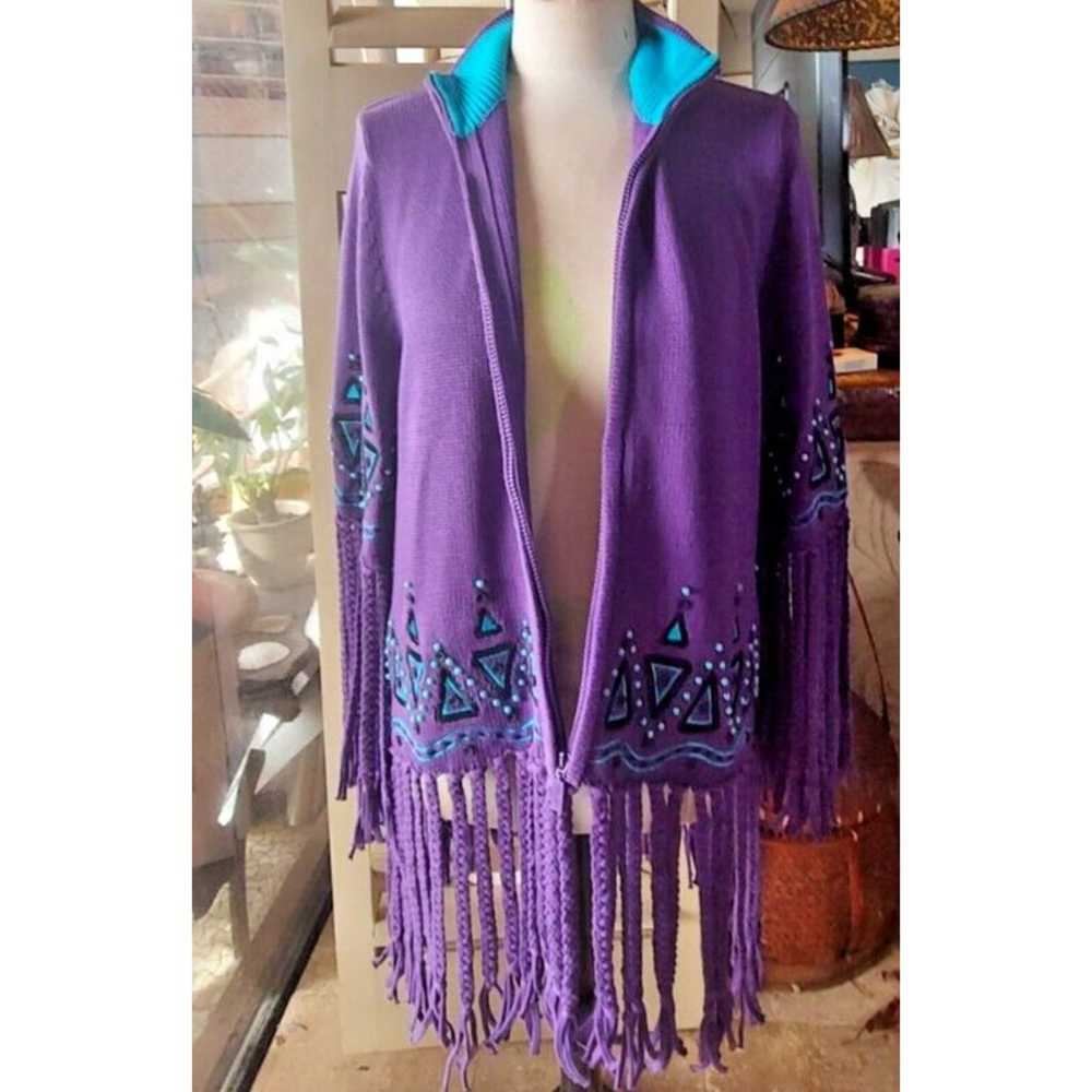 BOB MACKIE Wearable Art Sweater Zip Up Purple Fri… - image 6
