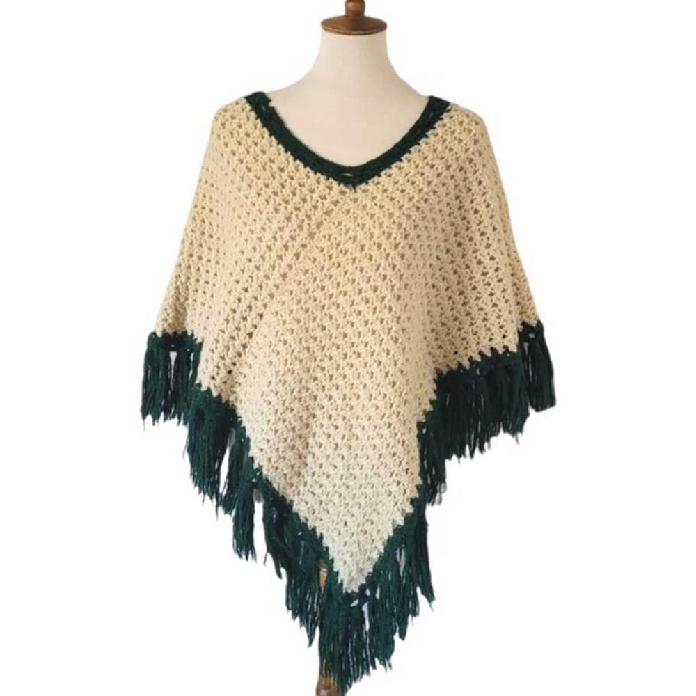 Vintage - 60's Hand Crochet Cream and Green Poncho - image 1