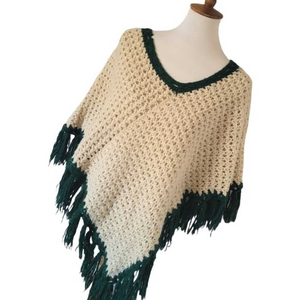 Vintage - 60's Hand Crochet Cream and Green Poncho - image 2