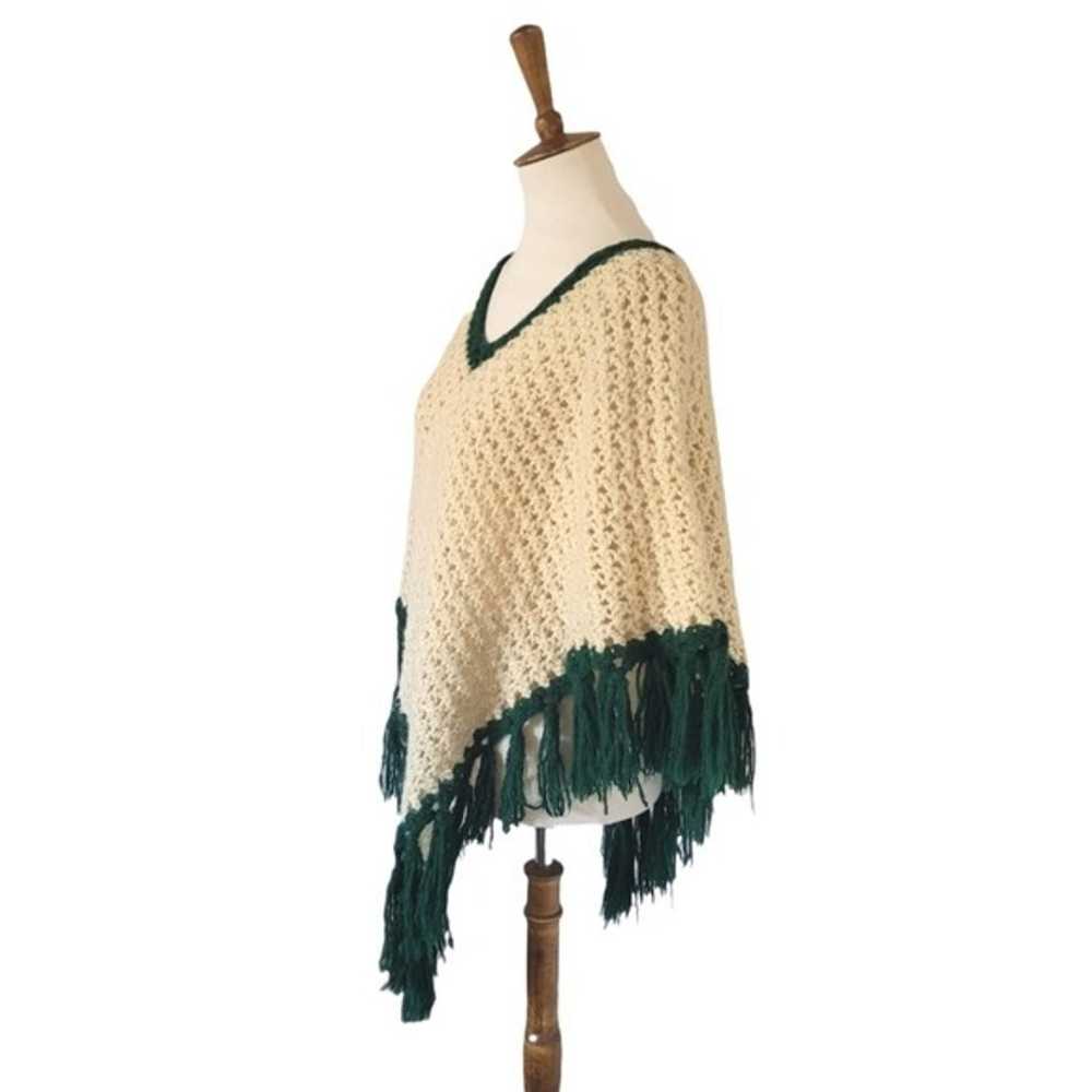 Vintage - 60's Hand Crochet Cream and Green Poncho - image 3