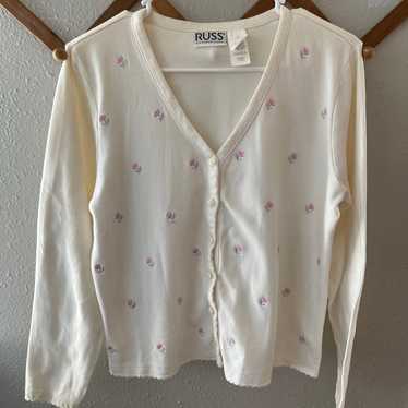 Vintage Cotton and Embroidered Flower Cardigan - image 1