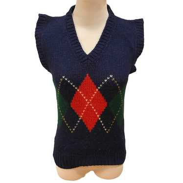 Vintage Argyle Sweater Vest Vneck Navy Blue Red S… - image 1