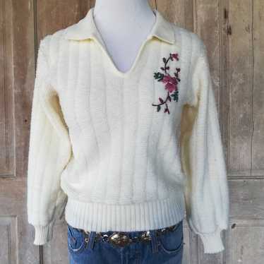 Vintage Cream Sweater with Ribbon Embroi