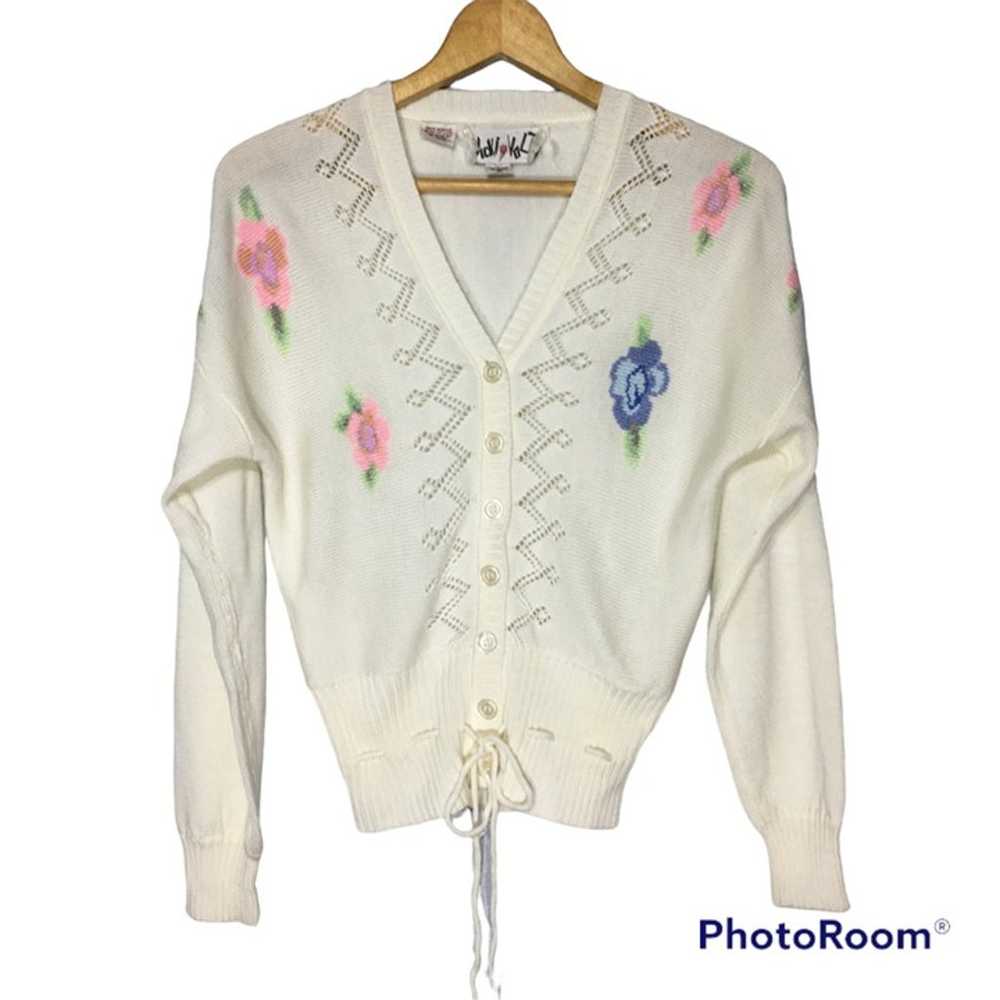Vintage 70s White Cardigan Sweater, Button Front … - image 1