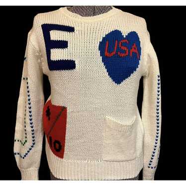 80s Abstract Letter E Knit Sweater White Ladies S… - image 1