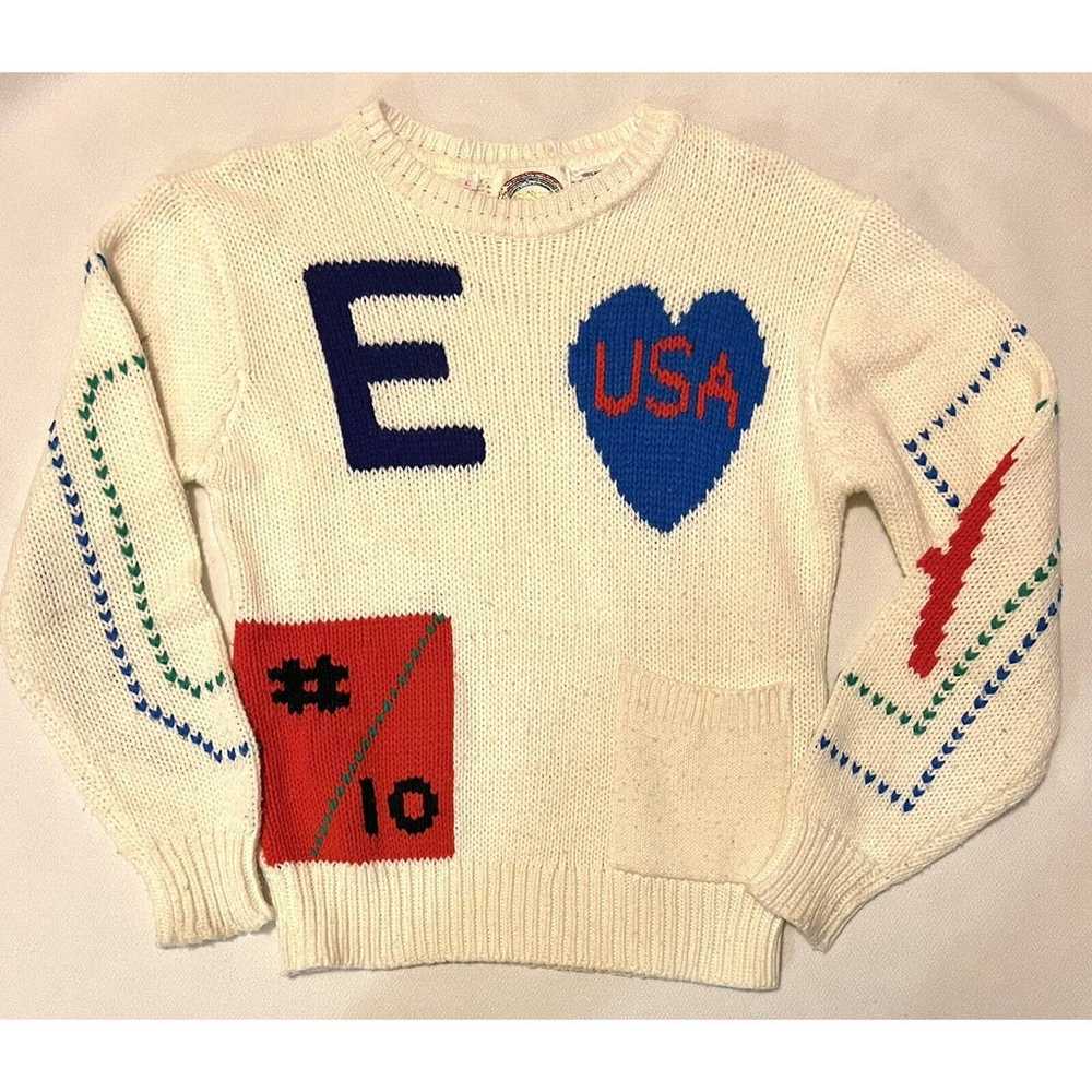 80s Abstract Letter E Knit Sweater White Ladies S… - image 6