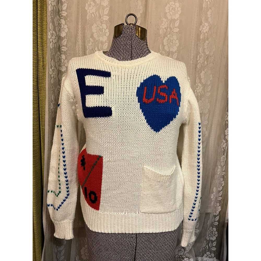 80s Abstract Letter E Knit Sweater White Ladies S… - image 9