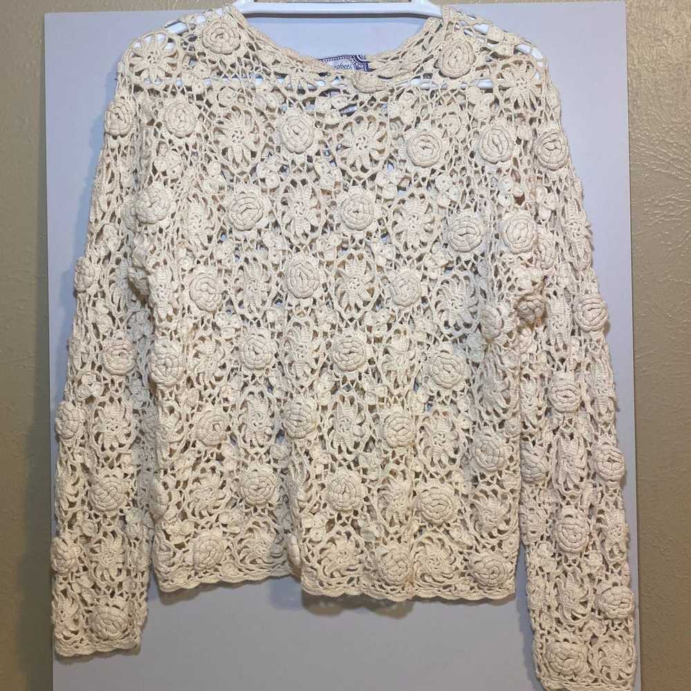 Vintage Elizabeth Jordan Ivory Crochet Sweater/Fl… - image 1