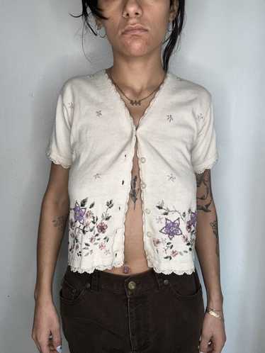 Vintage short sleeve embroidered flower cardigan