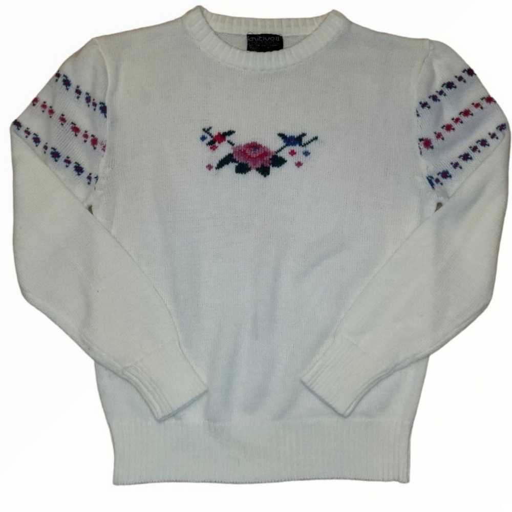 Vintage Wool Cross Stitch Floral 80s Sweater - image 1