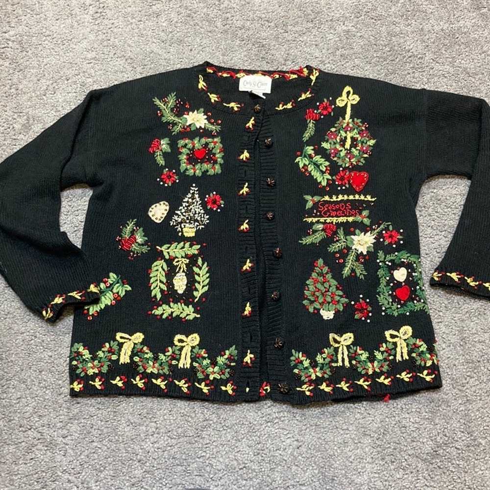 Vintage Christmas embroidered cardigan sweater - image 1