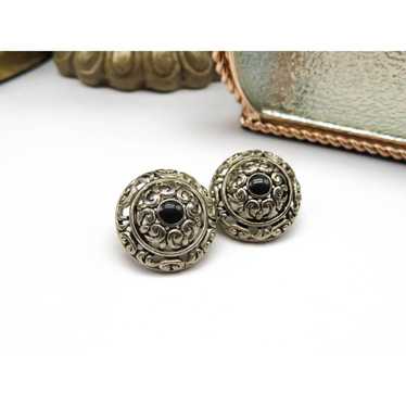 Vintage Retro Silver Tone Black Enamel Filigree D… - image 1